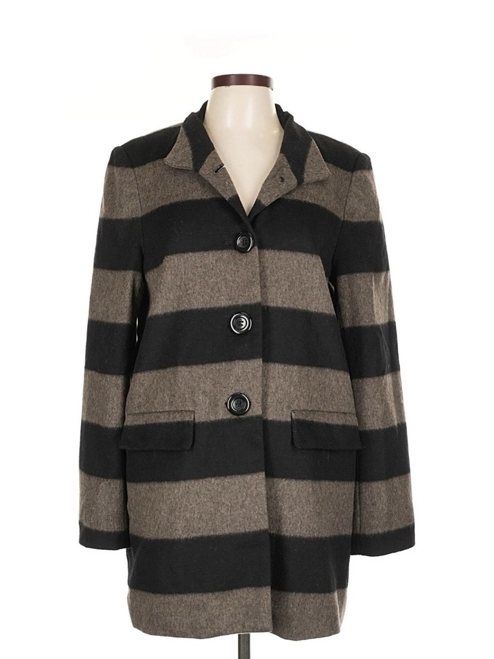 Alice + Olivia Striped Wool-Blend Pea Coat in Black & Brown